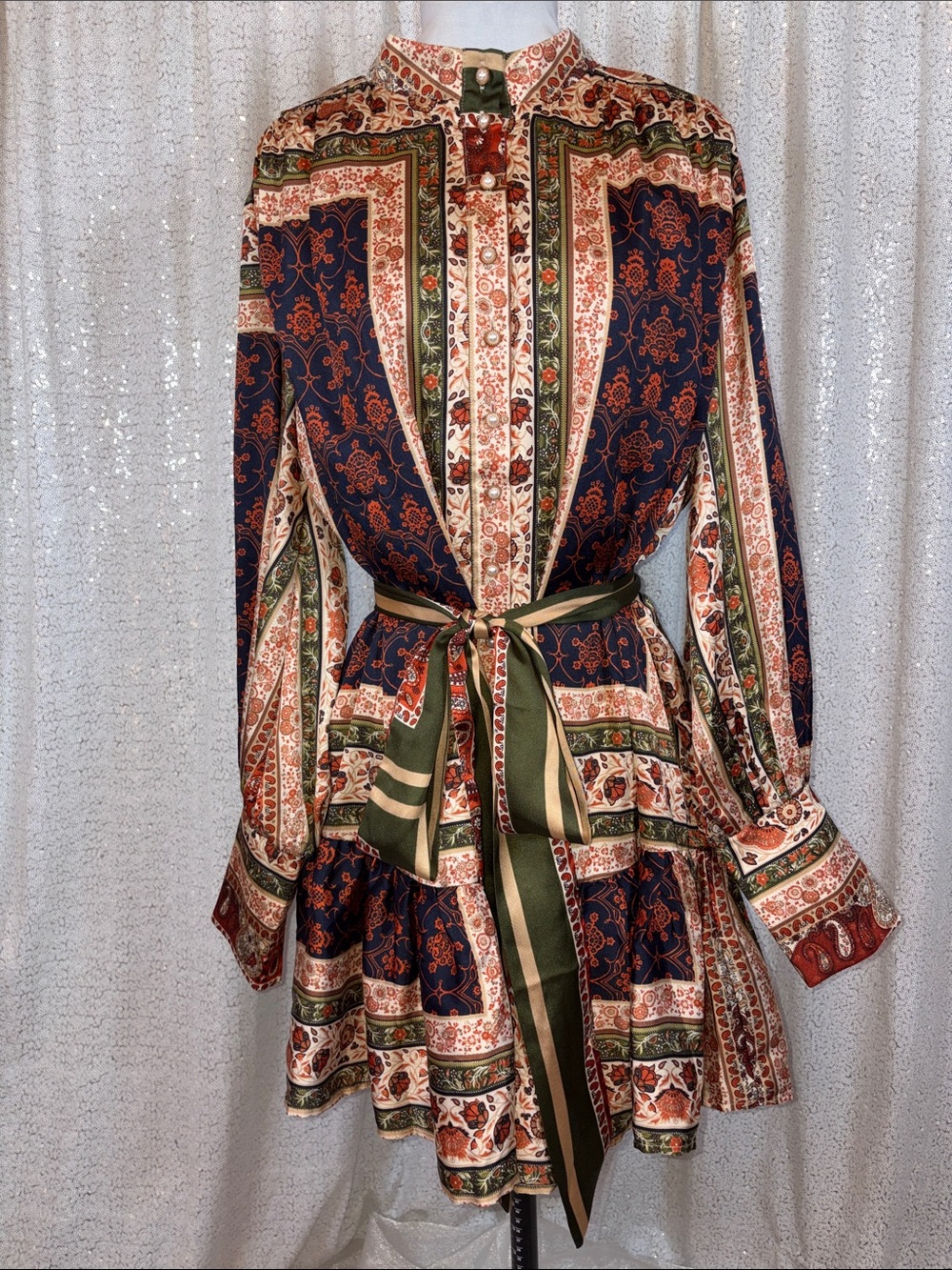 Pearl-Button Bohemian Satin Drop Waist Dress- Olive & Rust